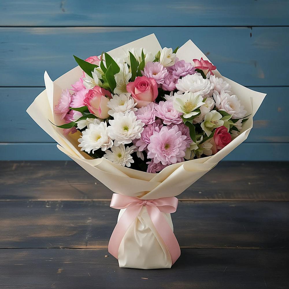 Букет цветов из: Хризантемы, Альстромерии и Розы в Юрге